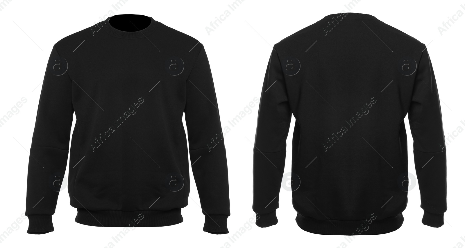 Image of Black sweater isolated on white, back and front. Mockup for design