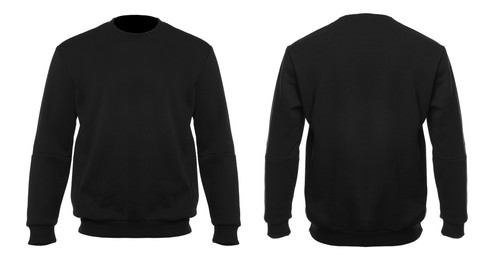 Image of Black sweater isolated on white, back and front. Mockup for design