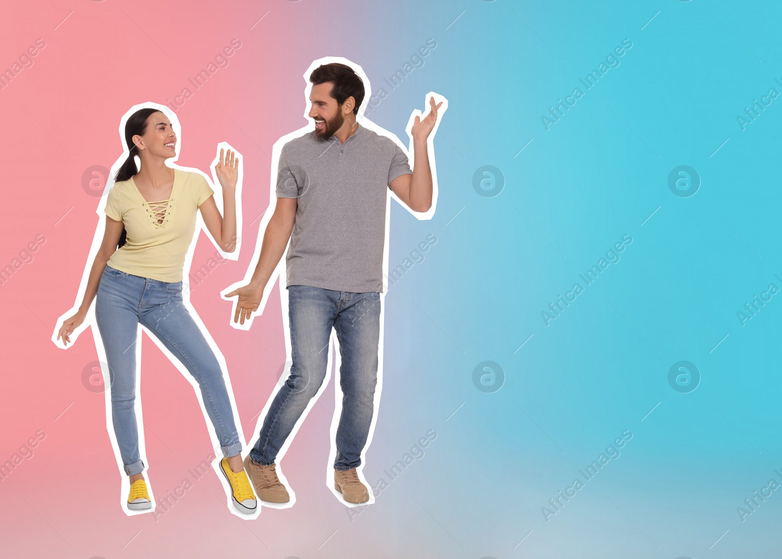 Image of Pop art poster. Couple dancing on pink and light blue gradient background, pin up style