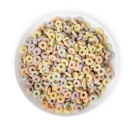 Photo of Tasty cereal rings in bowl isolated on white, top view