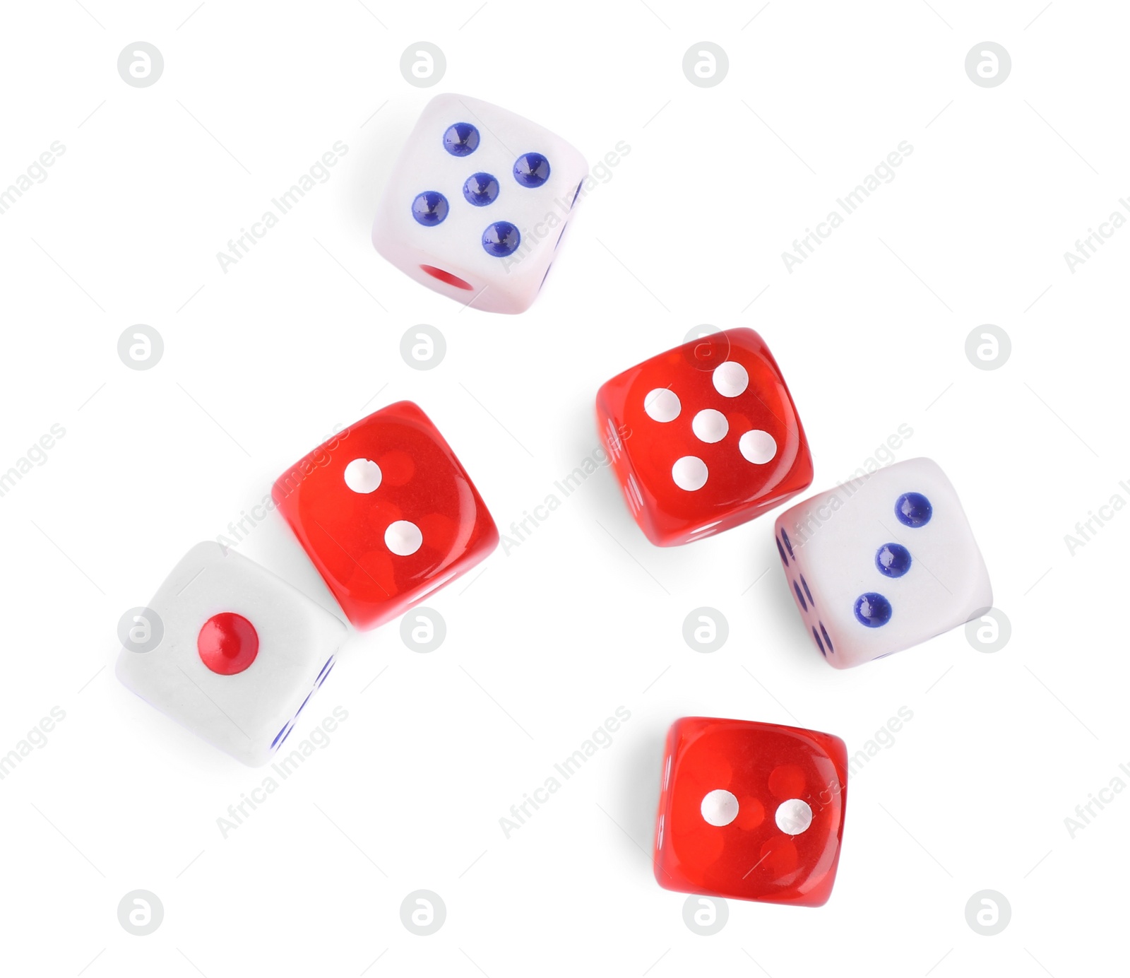 Photo of Many color game dices isolated on white, top view