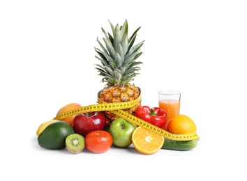 Photo of Healthy food and measuring tape on white background. Concept of weight loss