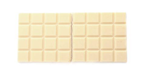 Photo of Delicious chocolate bar on white background, top view