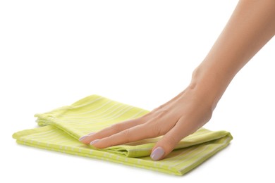 Woman with kitchen towel on white background, closeup