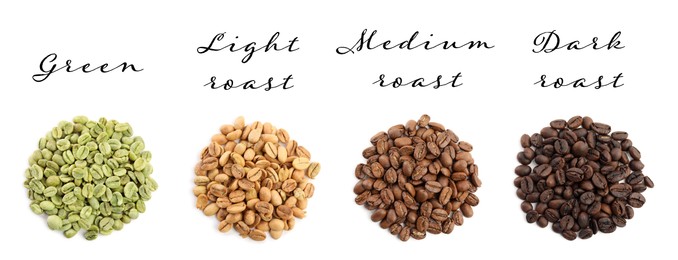 Image of Set with green and roasted coffee beans on white background, top view. Banner design