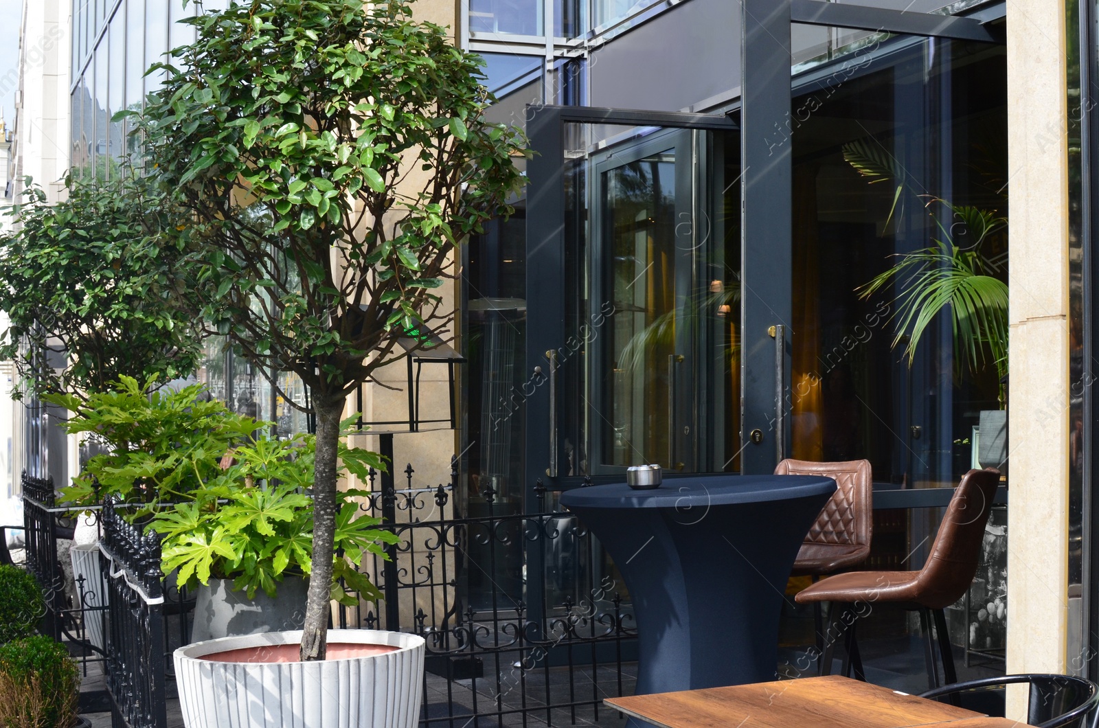 Photo of Entrance of cafe with potted trees, chairs and tables outdoors