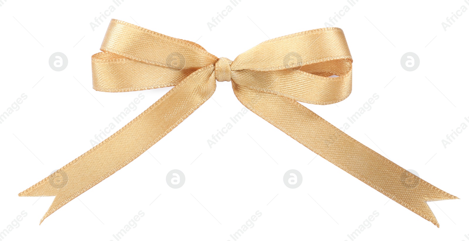 Photo of Beautiful golden ribbon tied in bow isolated on white, top view