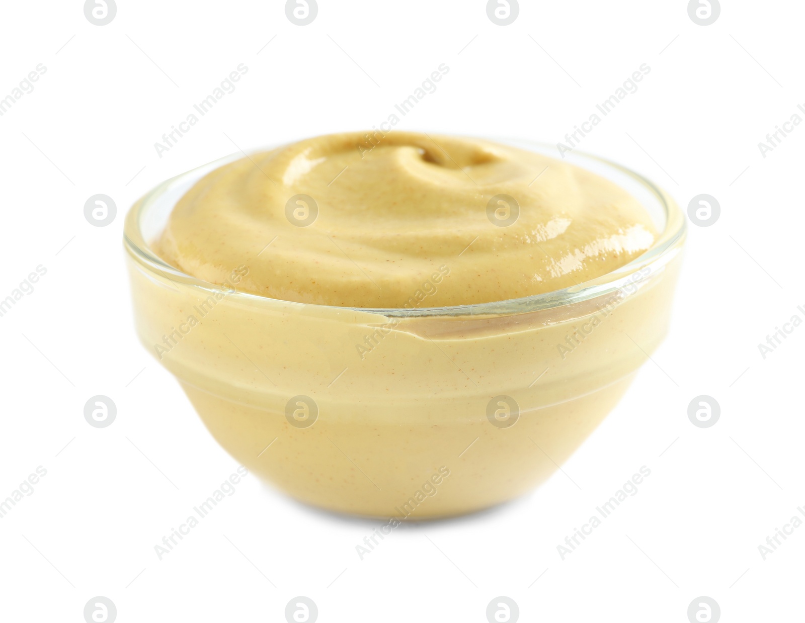 Photo of Delicious mustard in bowl on white background. Spicy sauce