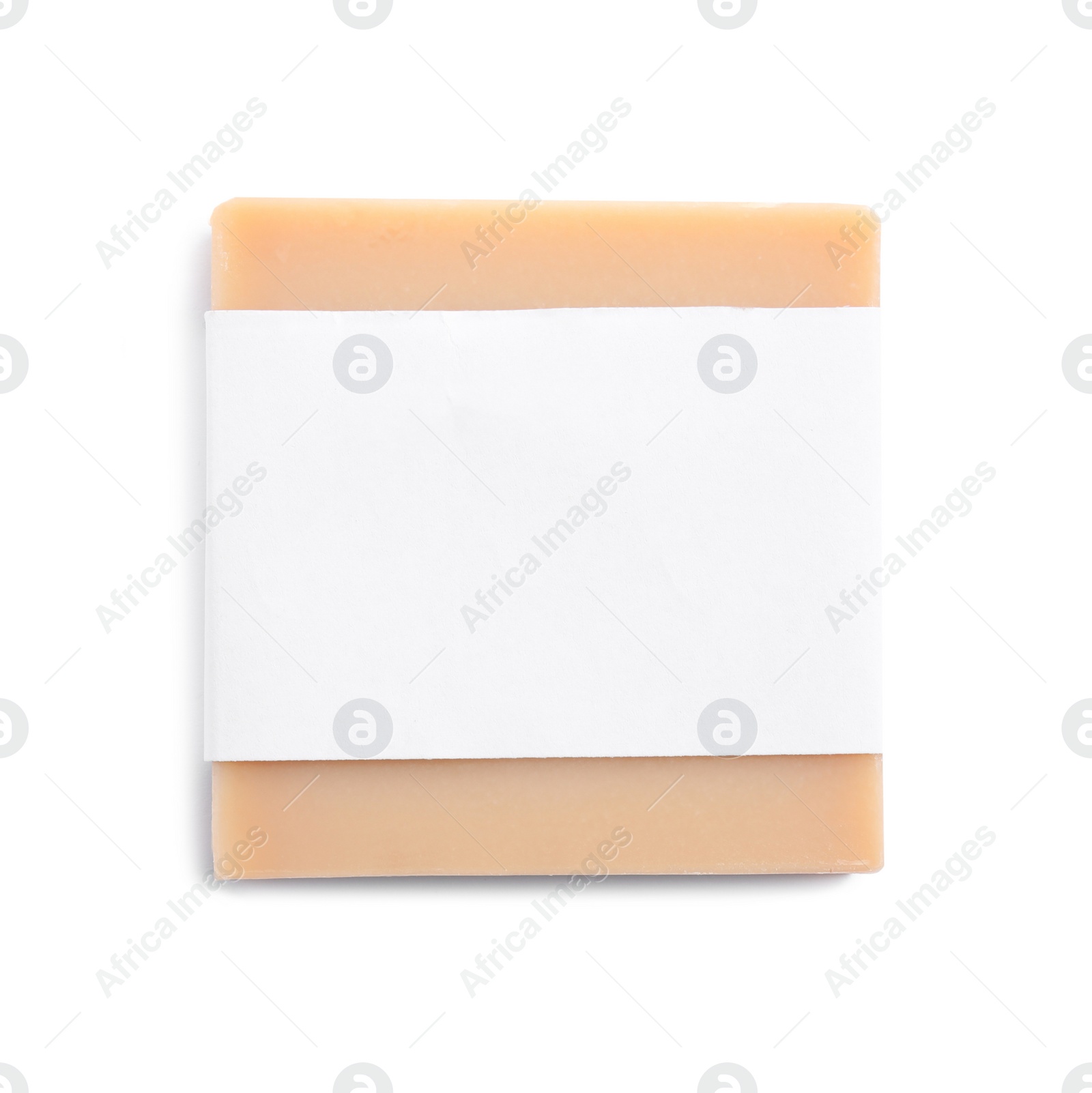 Photo of Hand made soap bar in package on white background, top view. Mockup for design