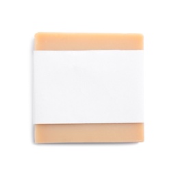 Hand made soap bar in package on white background, top view. Mockup for design