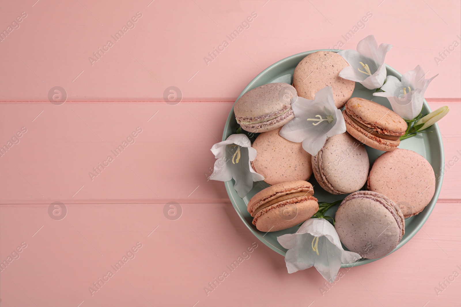 Photo of Delicious macarons and flowers on pink wooden table, top view. Space for text