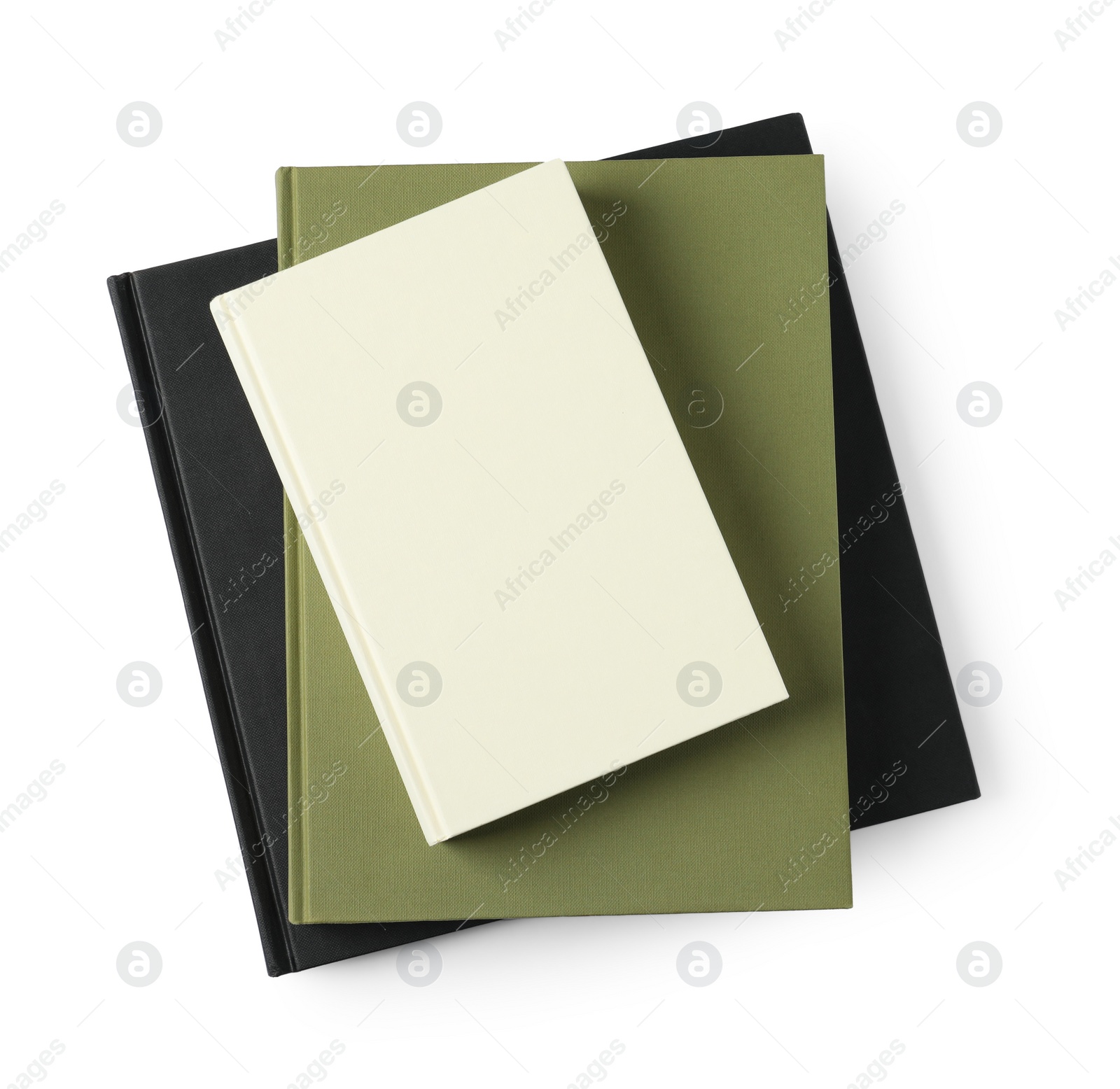 Photo of Hardcover books isolated on white, top view