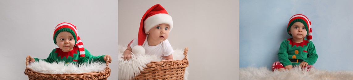 Image of Collage with photos of cute babies on different color backgrounds, banner design. First Christmas 