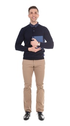 Photo of Young male teacher with books on white background