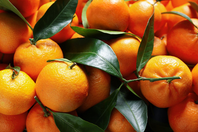 Fresh ripe tangerines with leaves as background, top view. Citrus fruit