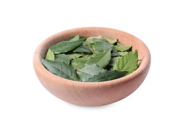 Bowl with bay leaves on white background