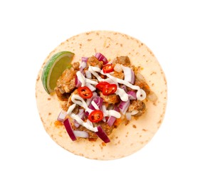 Photo of Delicious taco with vegetables, meat and lime isolated on white, top view