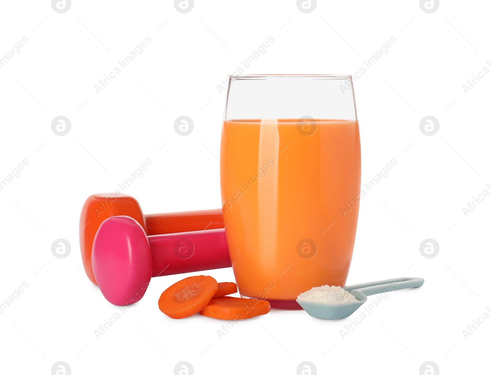 Photo of Tasty shake, dumbbells, powder and cut carrot isolated on white. Weight loss