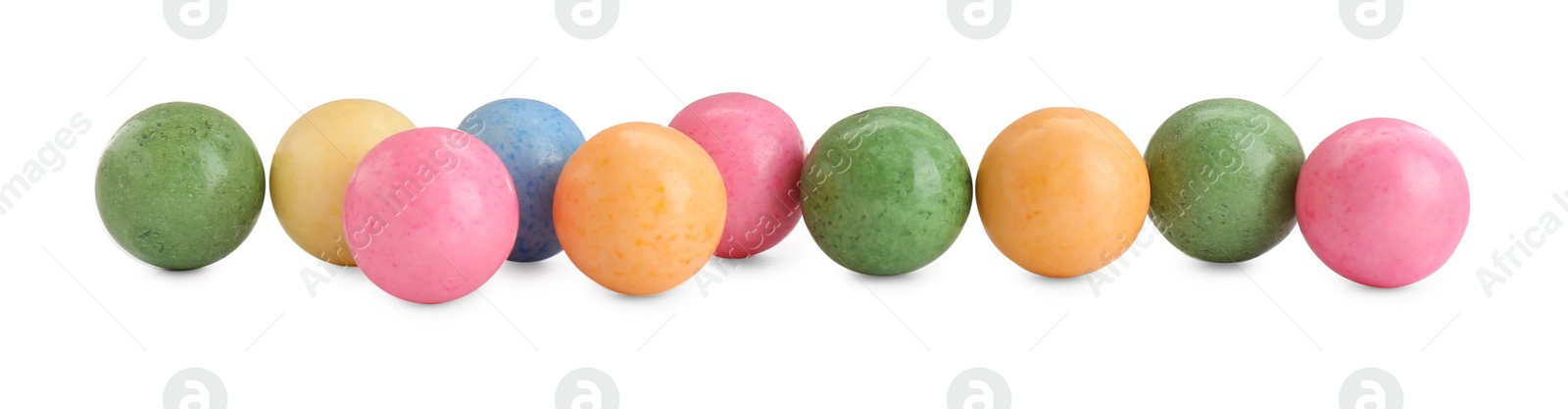 Photo of Many bright chewy gumballs isolated on white