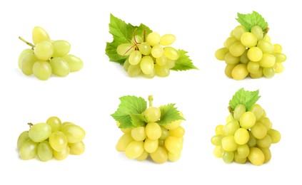 Image of Set with fresh ripe grapes on white background