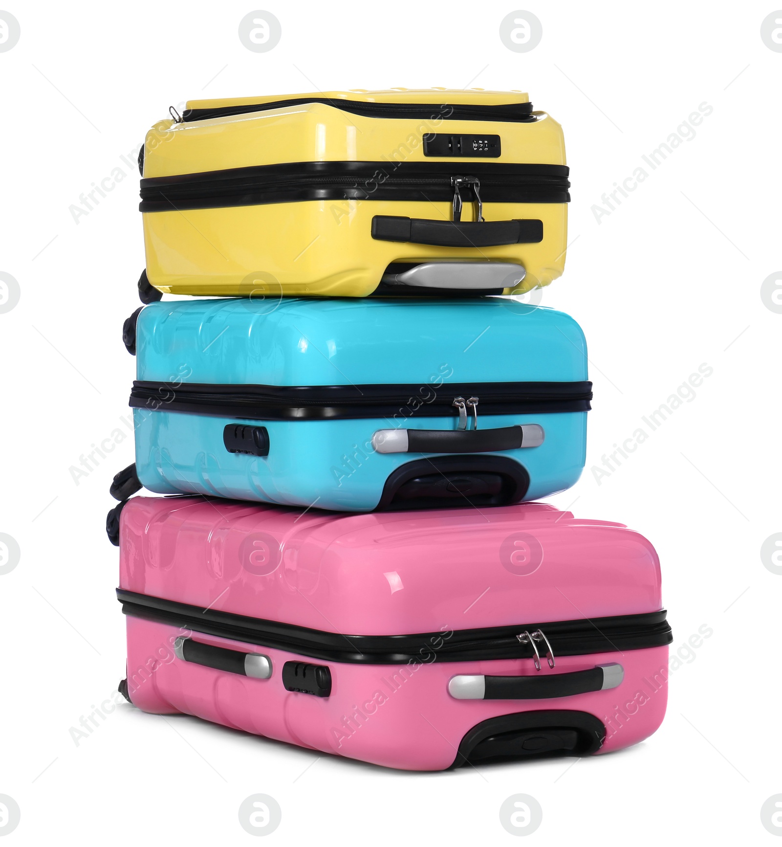 Photo of Stylish suitcases packed for travel on white background. Summer vacation