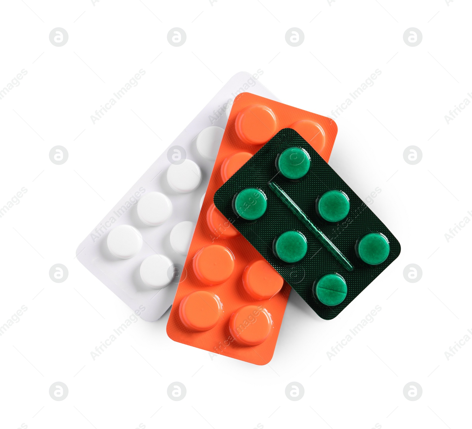 Photo of Blisters with different pills on white background, top view