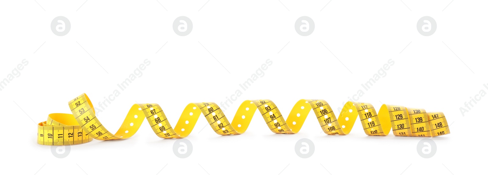 Photo of New yellow measuring tape isolated on white