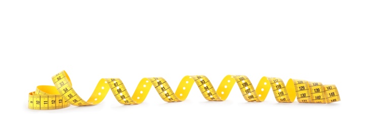 New yellow measuring tape isolated on white