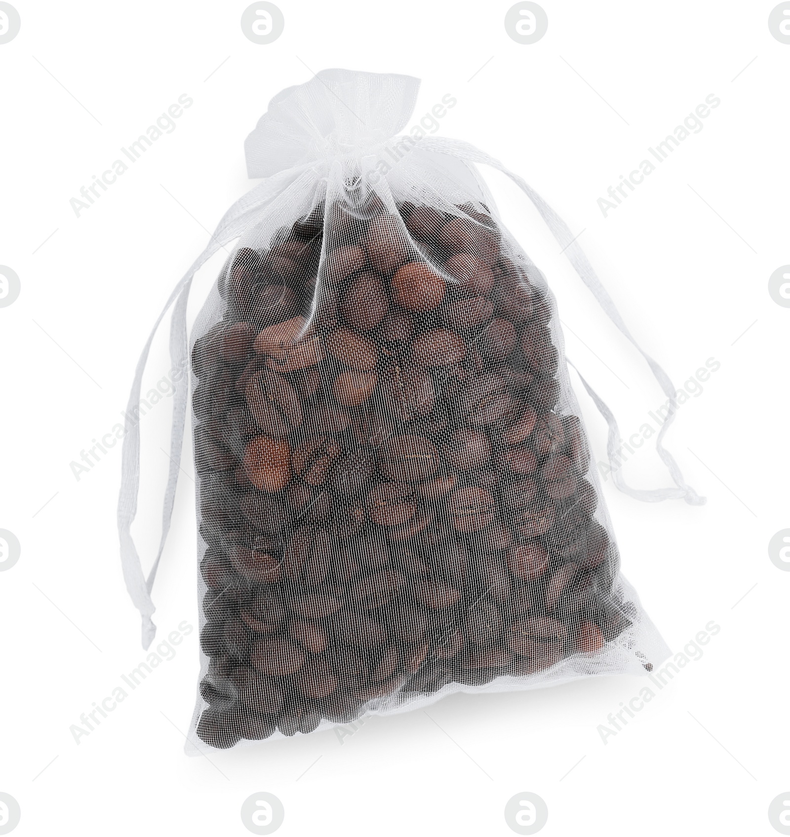 Photo of Scented sachet with coffee beans isolated on white, top view