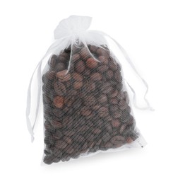 Scented sachet with coffee beans isolated on white, top view