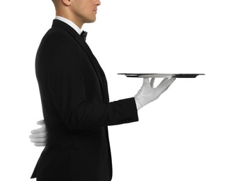 Photo of Elegant butler holding silver tray isolated on white, closeup