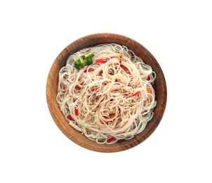 Bowl of delicious noodles with broth and vegetables isolated on white, top view