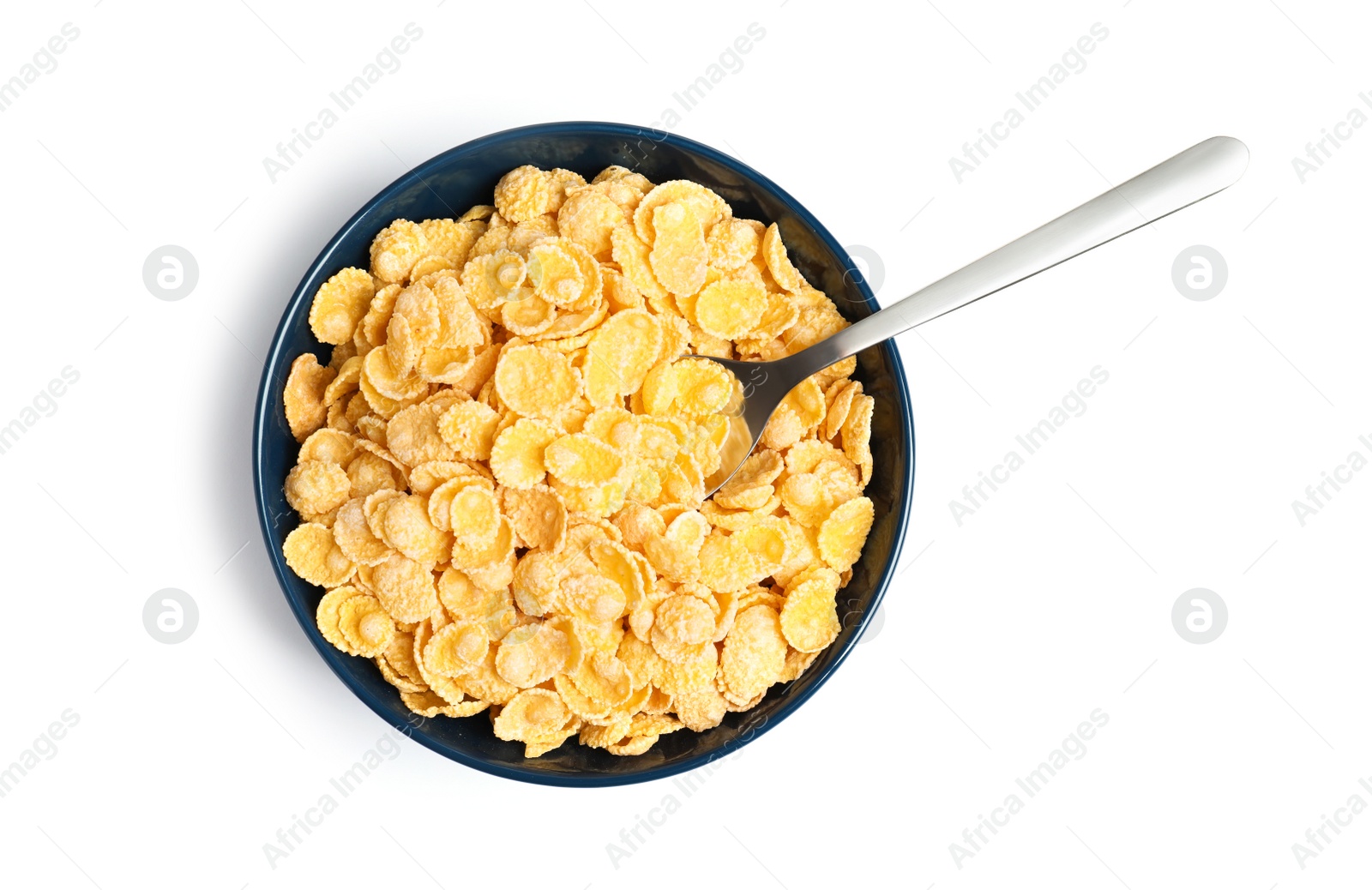 Photo of Bowl with crispy cornflakes on white background, top view