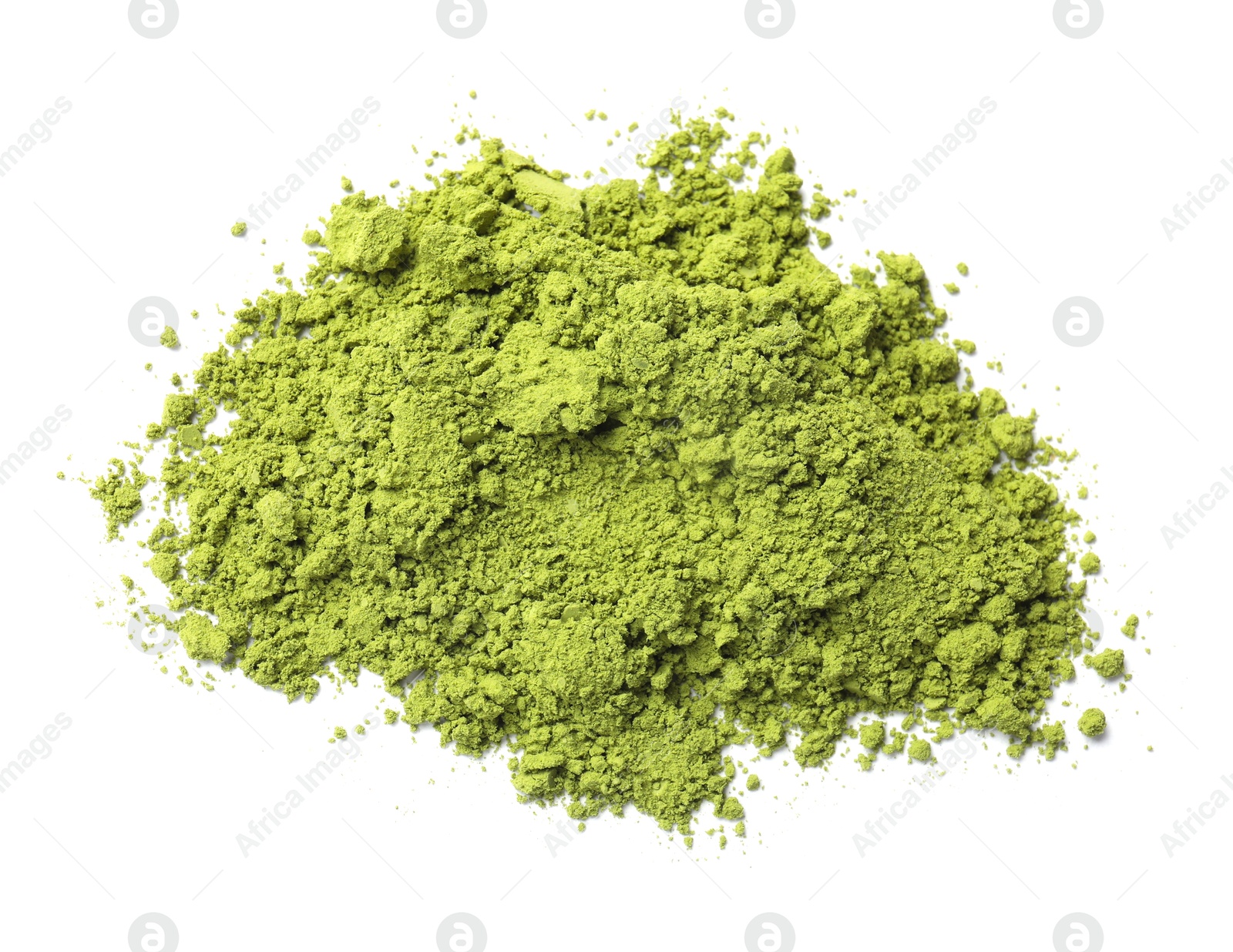 Photo of Green matcha powder isolated on white, top view. Natural drink