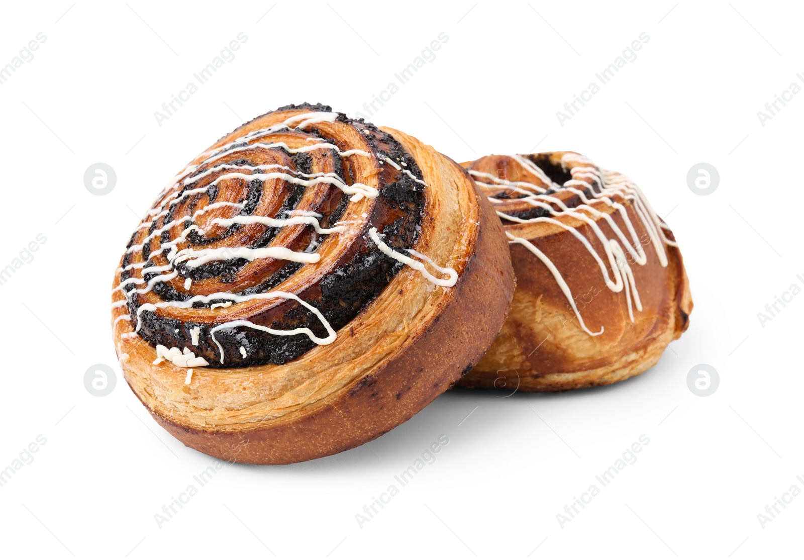 Photo of Delicious rolls with topping and poppy seeds isolated on white. Sweet buns