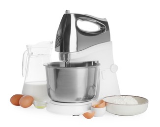 Stand mixer and different ingredients for dough isolated on white