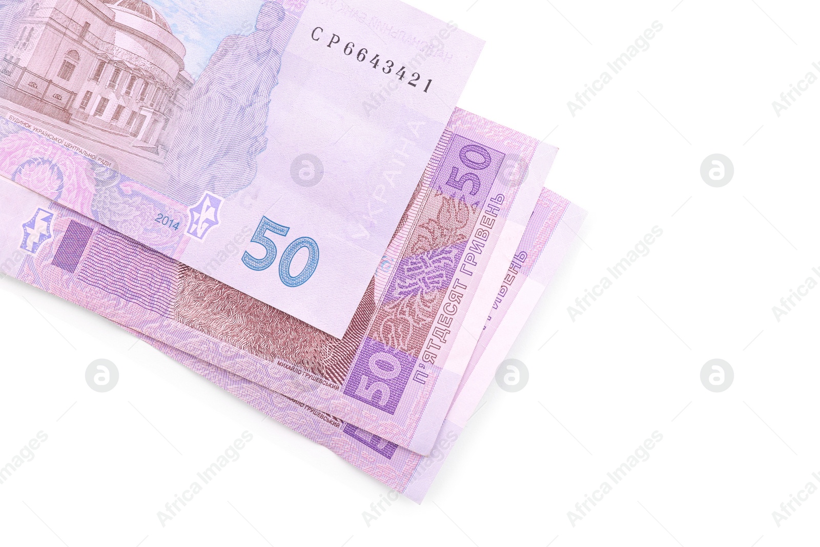 Photo of 50 Ukrainian Hryvnia banknotes on white background, top view