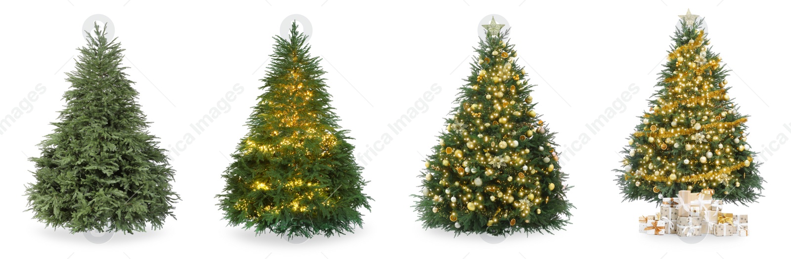 Image of Christmas tree isolated on white, step-by-step decorating