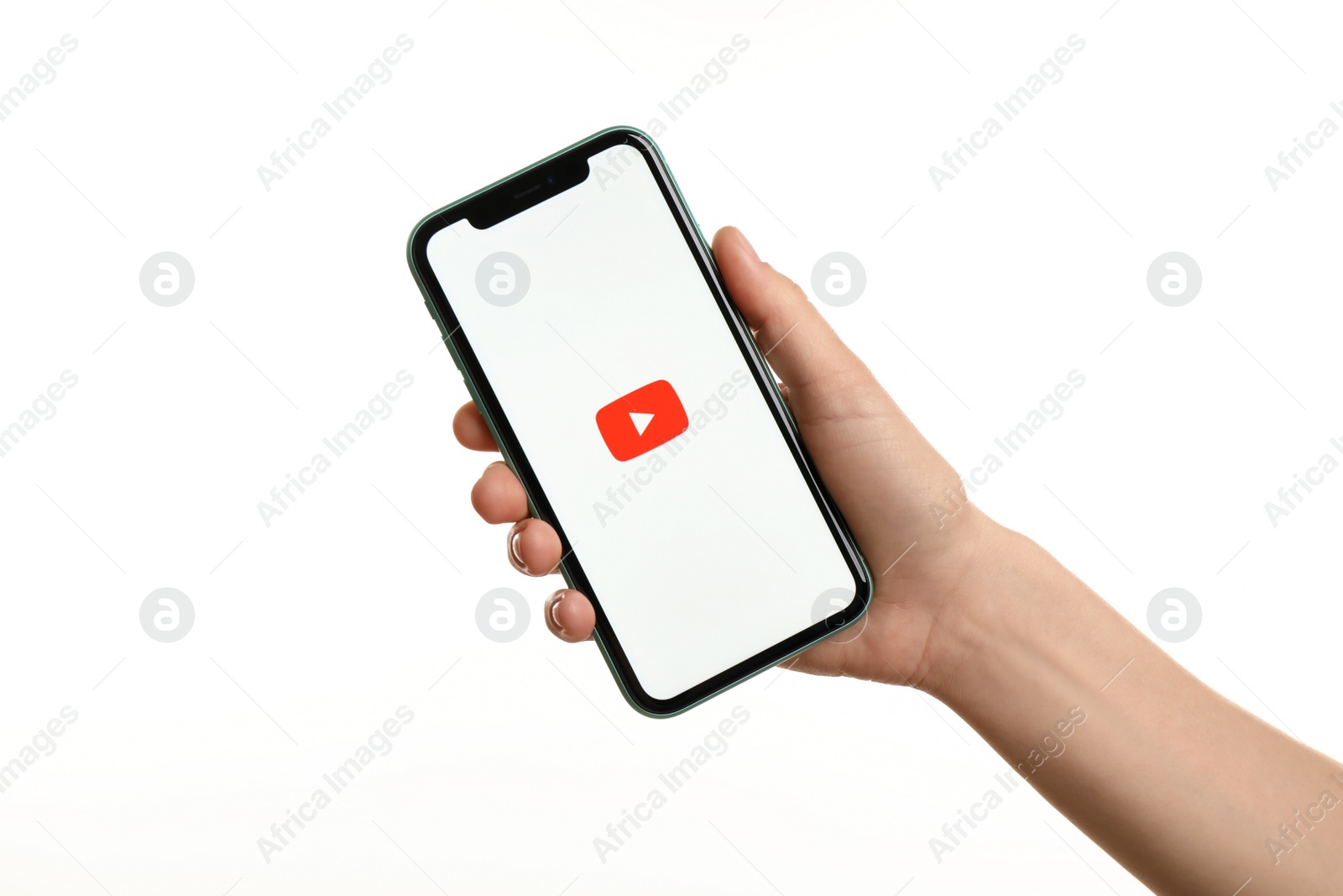 Photo of MYKOLAIV, UKRAINE - JULY 9, 2020: Woman holding  iPhone X with Youtube app on white background, closeup