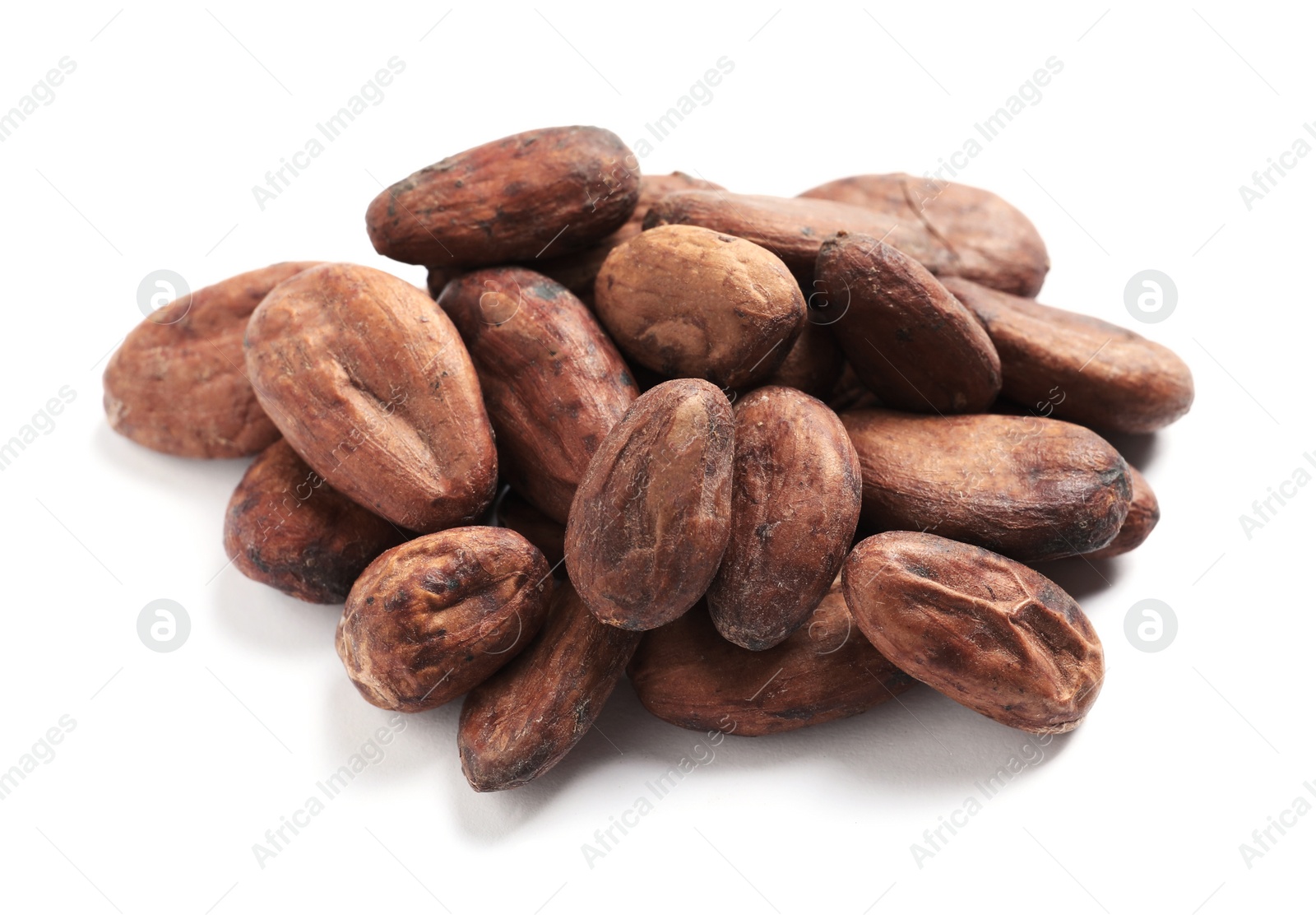 Photo of Pile of aromatic cocoa beans isolated on white