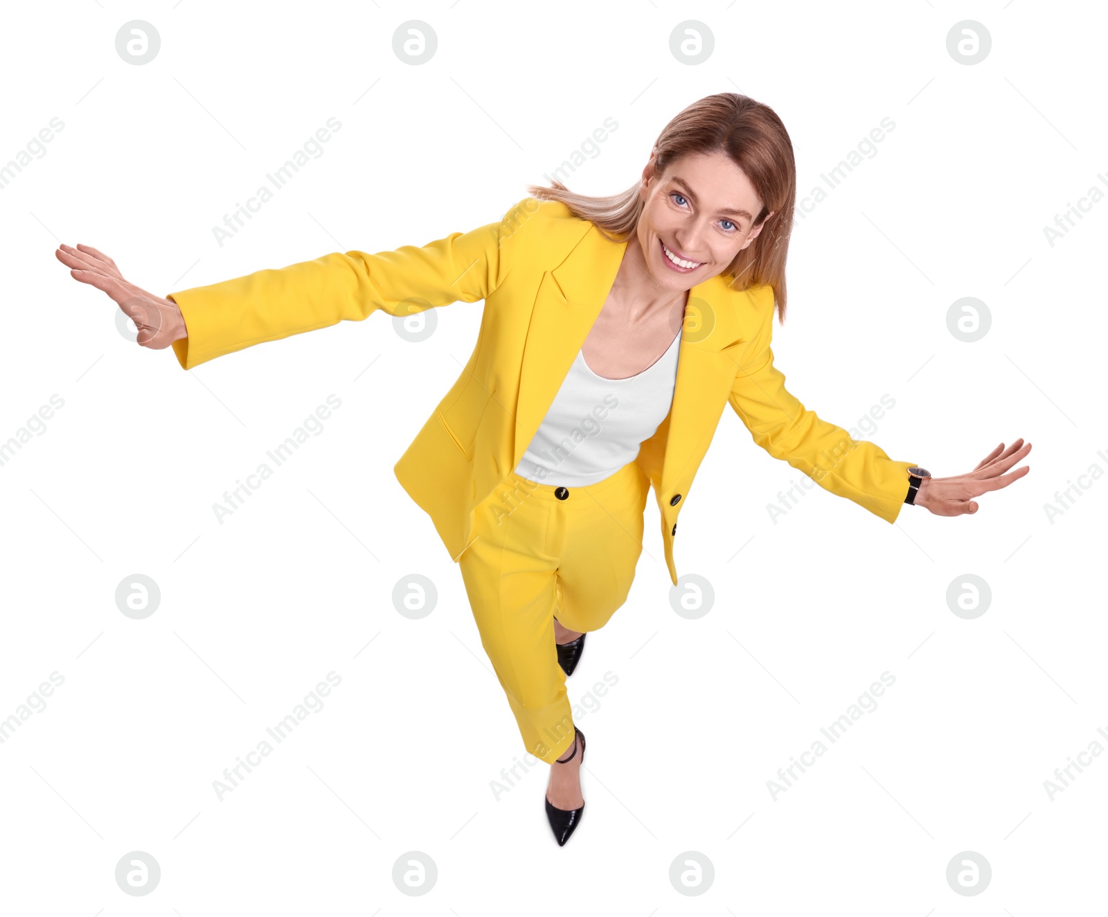 Photo of Beautiful happy businesswoman posing on white background, above view