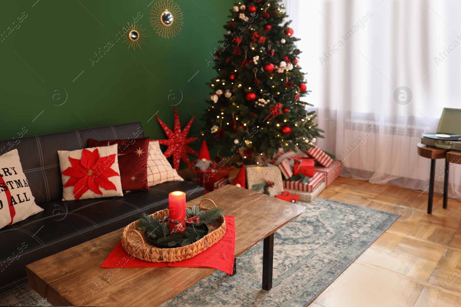 Photo of Cozy living room with Christmas tree and festive decor. Interior design