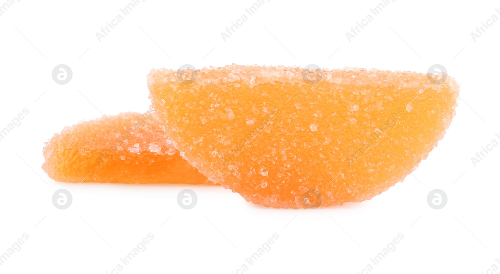 Photo of Sweet orange jelly candies on white background