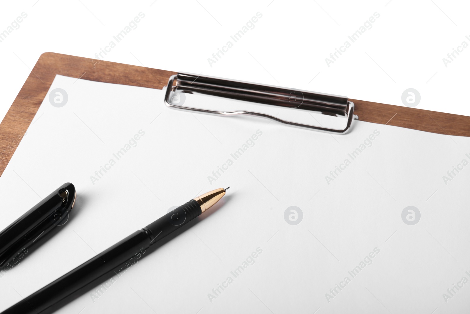 Photo of Wooden clipboard with sheet of paper and pen isolated on white