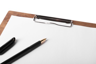 Photo of Wooden clipboard with sheet of paper and pen isolated on white