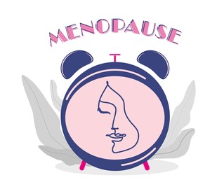 Illustration of Concept of impending menopause. Alarm clock and woman on white background, illustration