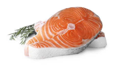 Photo of Fresh raw salmon with rosemary on white background. Fish delicacy