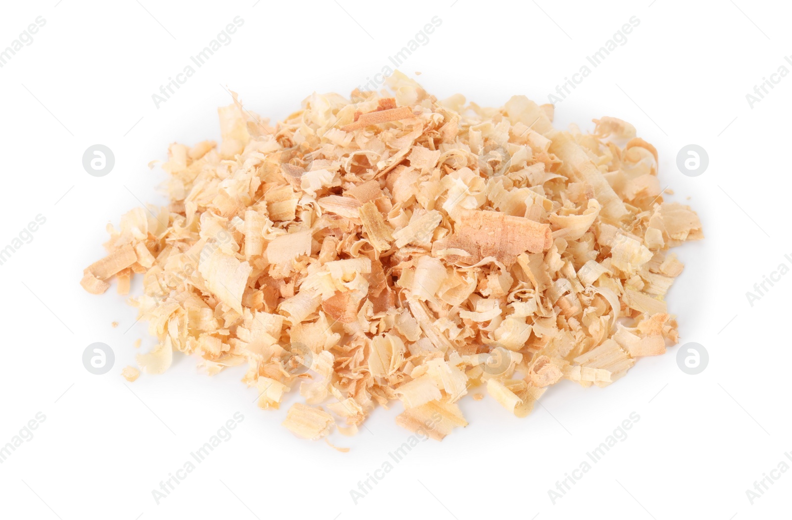 Photo of Pile of natural sawdust isolated on white, top view