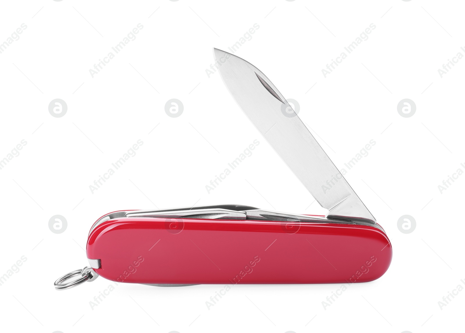 Photo of Compact portable multitool with red handle isolated on white