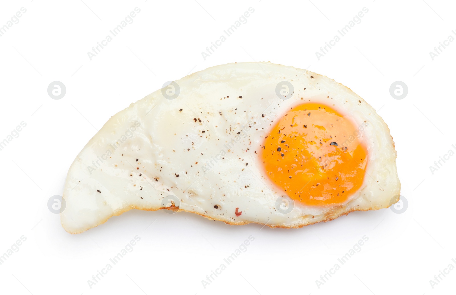 Photo of Fried sunny side up egg on white background, top view